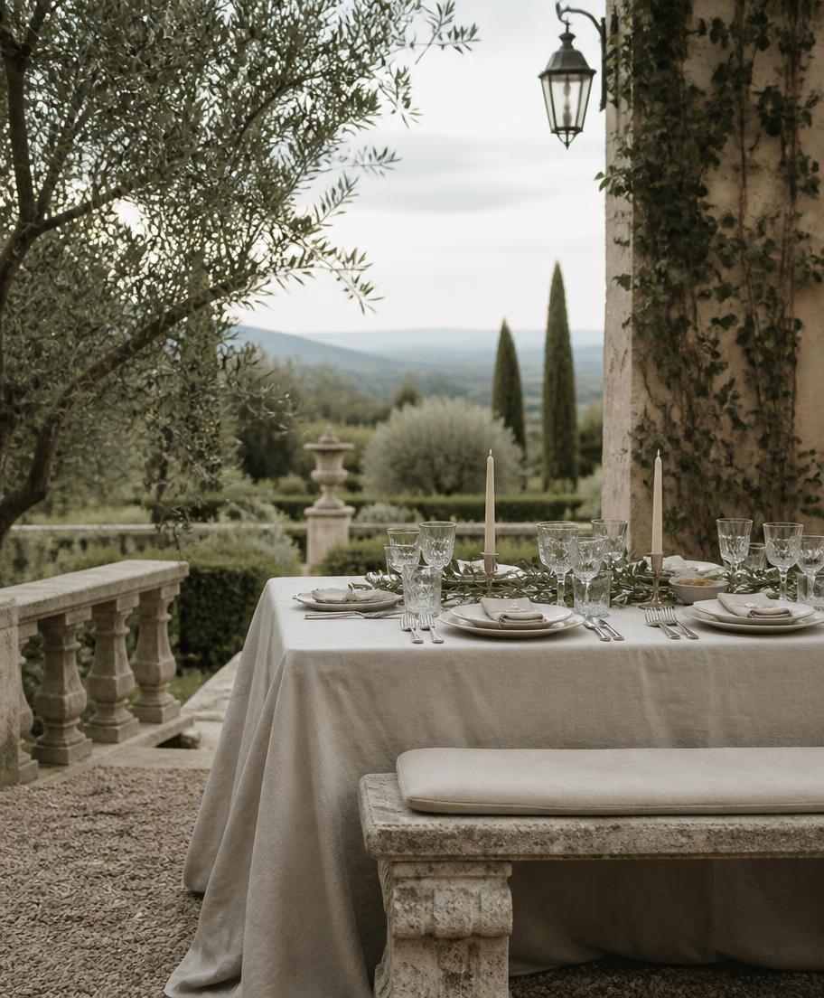 A linen-dressed terrace table laid with crystal and olive branches above a quiet valley