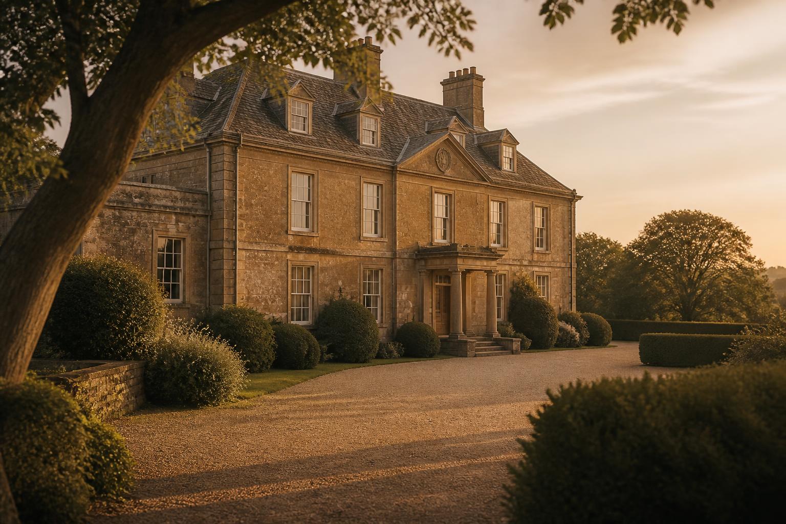 Limestone facade of a Georgian country estate framed by mature trees