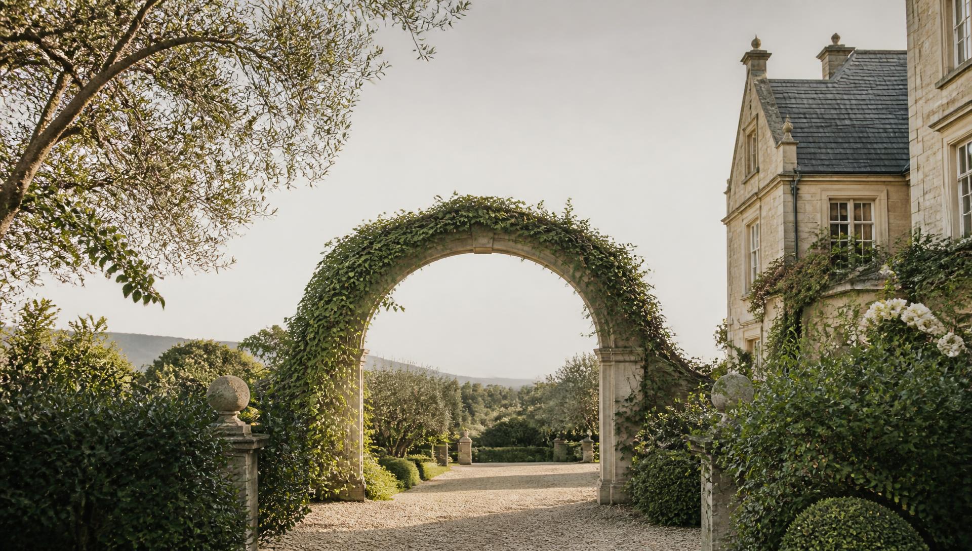 Ivy-covered garden arch leading to an English country estate at first light