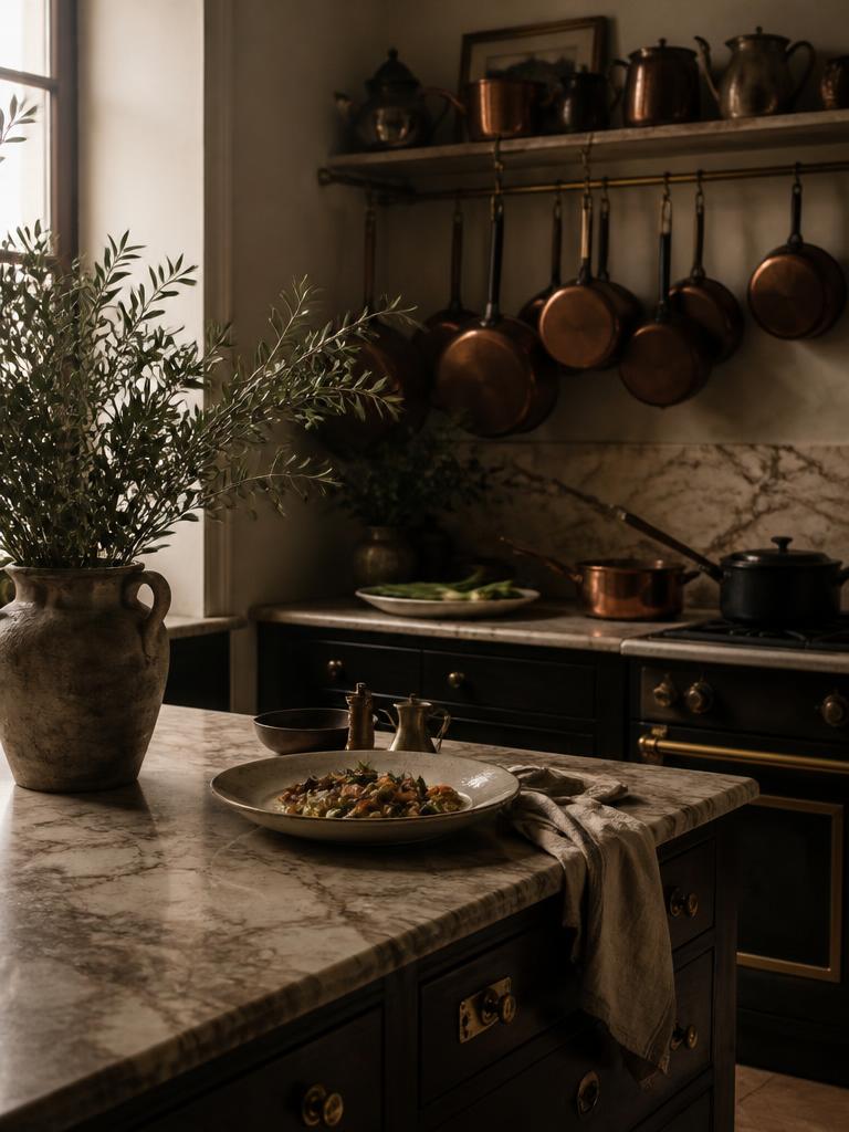 Copper pans and stoneware on a warm timber kitchen counter in low afternoon light